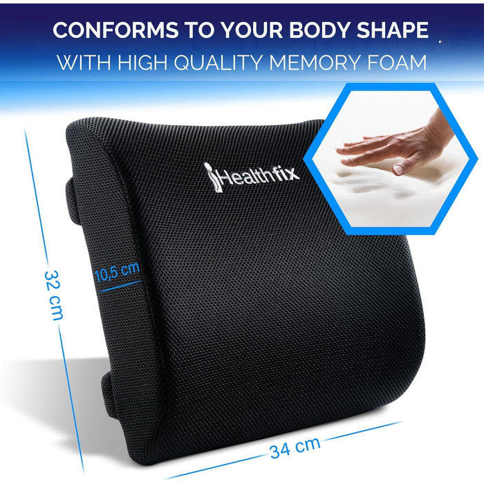 Ергономічна подушка під поперек Healthfix з ефектом пам'яті для офісного стільця, авто та дивана (розмір Medium, 70-90 кг)