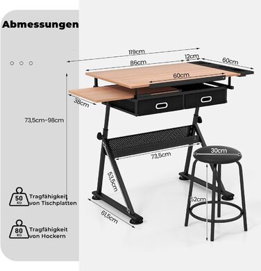 Стол для малювання RELAX4LIFE з регулюванням висоти та нахилу, з ящиками та пуфом, 110 x 69,2 x 73,5-98 см, професійний стіл для художника з двома столешницями, дерев'яний