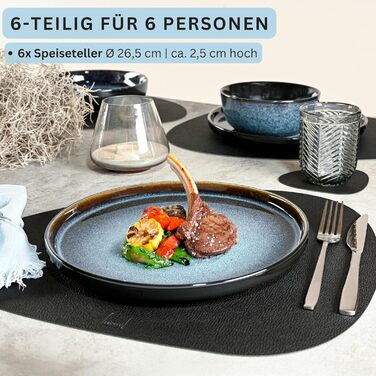 Набір посуду SÄNGER Steingut 18 предметів: 6 тарілок для їжі, 6 мисок для каші, 6 десертних тарілок, блакитний колір з чорним бордюром, стійкий до подряпин, VALUE COLLECTION (Osaka)