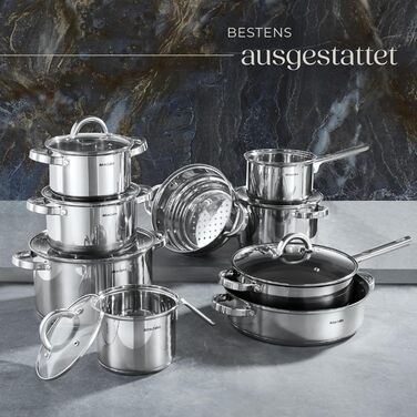 Набір каструль tectake® 15 предметів: каструлі, сковорідки з нержавіючої сталі з кришками, для плити (індукційна, газова, електрична), для кемпінгу та дому