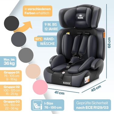 Автокрісло KIDIZ® 1+2+3 для дітей 9-36 кг з 5-точковим ременем безпеки, регульованою підголівником (антрацит)