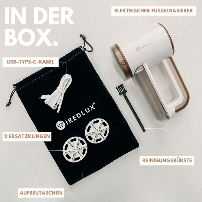 Електричний видальник ворсу WiredLux - бездротовий пристрій для одягу та меблів. 3 швидкості, 6-лезове лезо, LED-дисплей, USB-зарядка (білий, слонова кістка, золото)