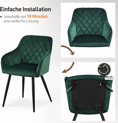 Крісла для їдальні CLIPOP, комплект 4 шт., обтягнуті оксамитом, з металевими ніжками, для вітальні, кухні, їдальні (4 шт., оксамит, зелений)