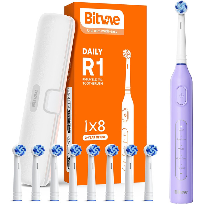Електрична зубна щітка Bitvae з 8 насадок для дорослих та дітей, кейс, 5 режимів, таймер 2 хв, 60 днів роботи, (R1H3, Violett)
