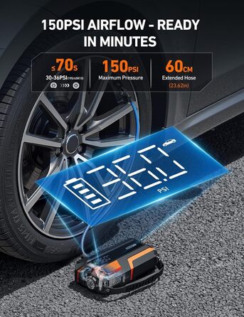 AstroAI MF16 Powerbank для запуску авто з компресором 150 PSI, 6000A, для 12V авто, мотоциклів, SUV, з LED-дисплеєм, помаранчевий