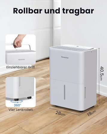 Електричний осушувач повітря Newentor 12L для підвалу та приміщень 25м², тиха робота 35dB, шланг для зливу 1м, фільтр, таймер, 10 років гарантії, 2*12L/день