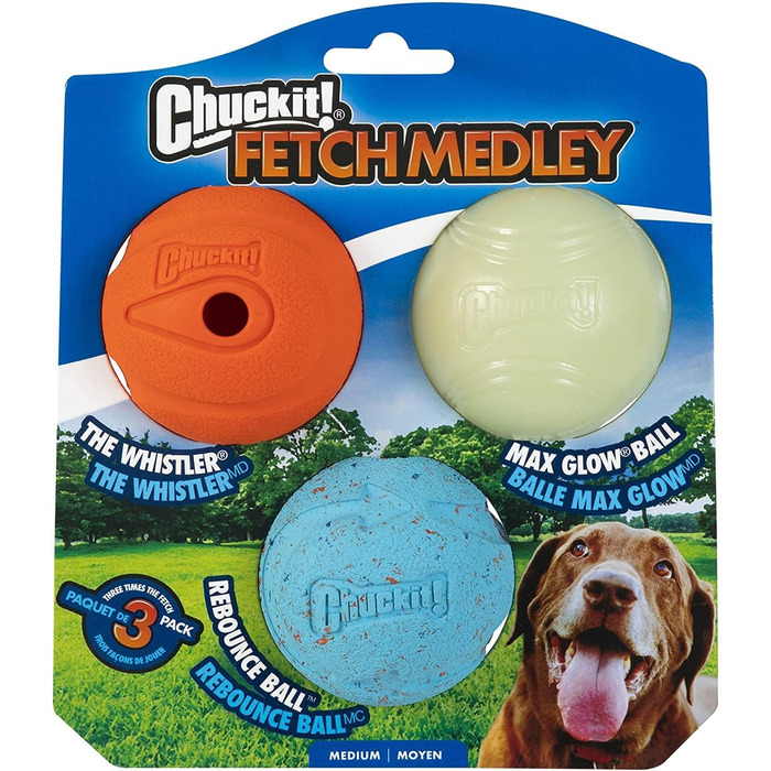 М'ячики для собак Chuckit, 3 упаковки, світяться, підстрибують, свистять, приносять, середній розмір (50 символів)