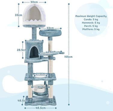 Кігтеточка для котів Yaheetech Sea Cat Tree 155 см, дизайн океану з котячою печерою у формі акулячої пащі Котяче ліжко Підвісний кошик платформа, стійке дерево для скелелазіння для котів, синьо-біле