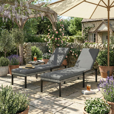 Набір із 2 шезлонгів із техноротанга для саду, з 5-позиційною регульованою спинкою, витримують до 120 кг, світло-сірі