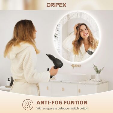 Дзеркало для ванної кімнати з LED підсвічуванням Dripex, сенсорне керування, регулювання яскравості, 3 кольори світла, антизапарник, 80x80 см (кругле)