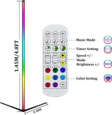 Кутовий торшер YOSION RGB LED, синхронізація музики, зміна кольору, затемнення - 145 см для вітальні/ігрової кімнати