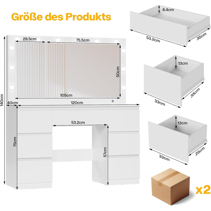 Дзеркальний туалетний столик Airfish з LED-підсвіткою та великим дзеркалом, 120x40x140 см. Туалетний столик з шухлядами та косметичним ящиком для спальні, білий