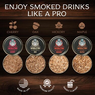 Набір для копчення коктейлів SmokeTop з дерев'яними стружками (вишня, гікорі, клен, дуб) + ліхтарик – для коктейлів, віскі, бурбону
