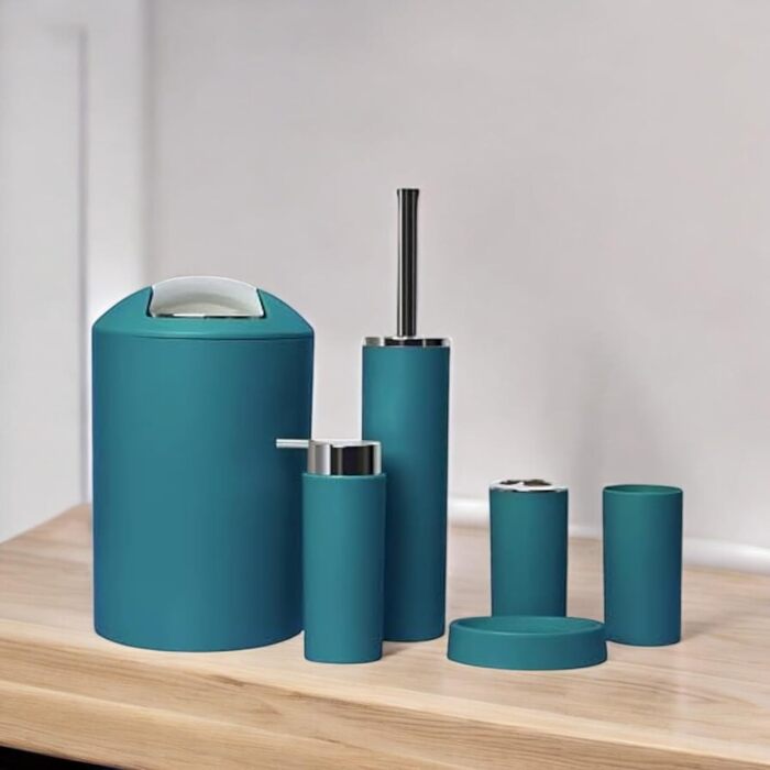 Набір аксесуарів для ванної кімнати 6tlg Badset: мильниця, стакан для зубних щіток, контейнер для косметики, щітка для унітазу з тримачем, мильниця, сміттєвий бак, тримач для зубних щіток, габардин для ванної (темно-бірюзовий дизайн 2a)