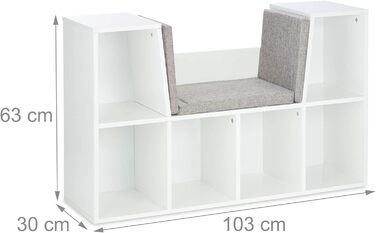 Книжкова шафа з подушкою для сидіння, дитяча полиця на 6 відділень, 63x103x30 см, м'яка, лавка дитяча кімната, біла