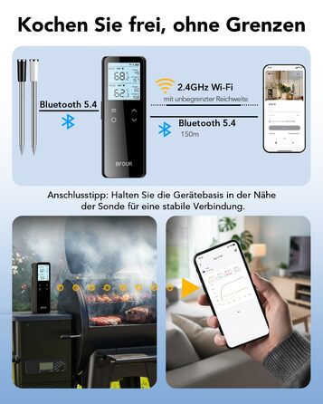 Бездротовий термометр для м'яса BFOUR BF-80 з Bluetooth та Wi-Fi, 2 зонди, 6 сенсорів, IP67 водонепроникний, сенсорне управління, APP-керування, термометр для приготування BBQ, духовки та гриля