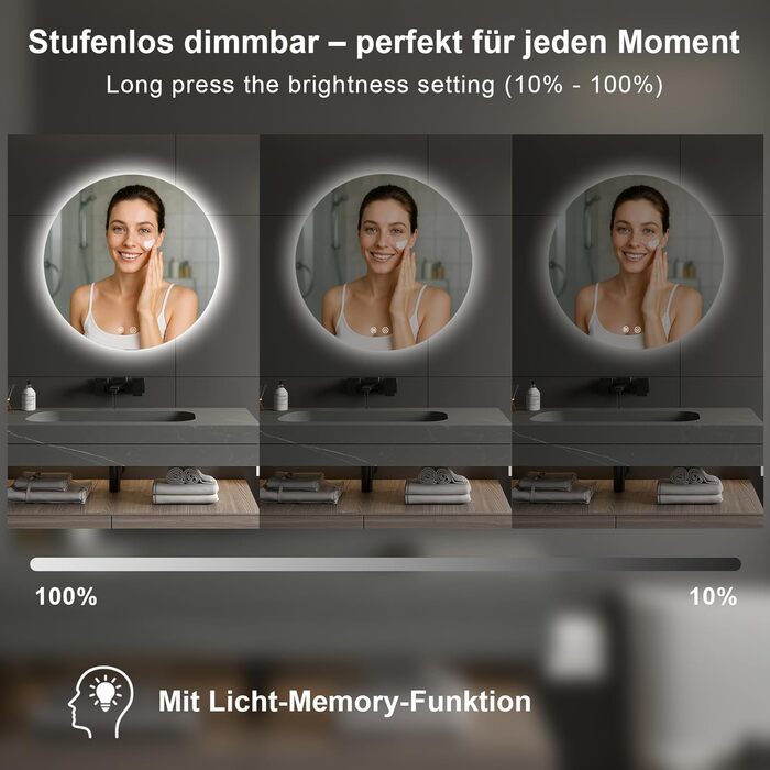 LED дзеркало для ванної кімнати з підсвічуванням Round - регульоване по яскравості з 3 кольорами світла (3500K-6500K), сенсорний вимикач, запобігає запотіванню - дзеркало для ванної кімнати з підсвічуванням для макіяжу та гоління (60см фонове освітлення)