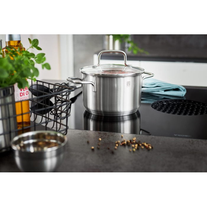 Набір каструль RÖSLE Basic Line 4 шт. з нержавіючої сталі 18/10, склокришки, зручний бортик, індукційне дно, придатний для миття в посудомийній машині, сріблястий/чорний