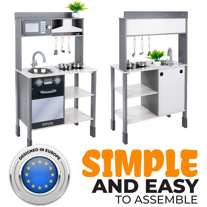 Дерев'яна дитяча кухня Kinderplay з LED та звуками приготування їжі, регульована висота 92–107 см, іграшкова кухня для ролевих ігор від 3 років, повний комплект з аксесуарами, світло-сірий (Modern - Grau)