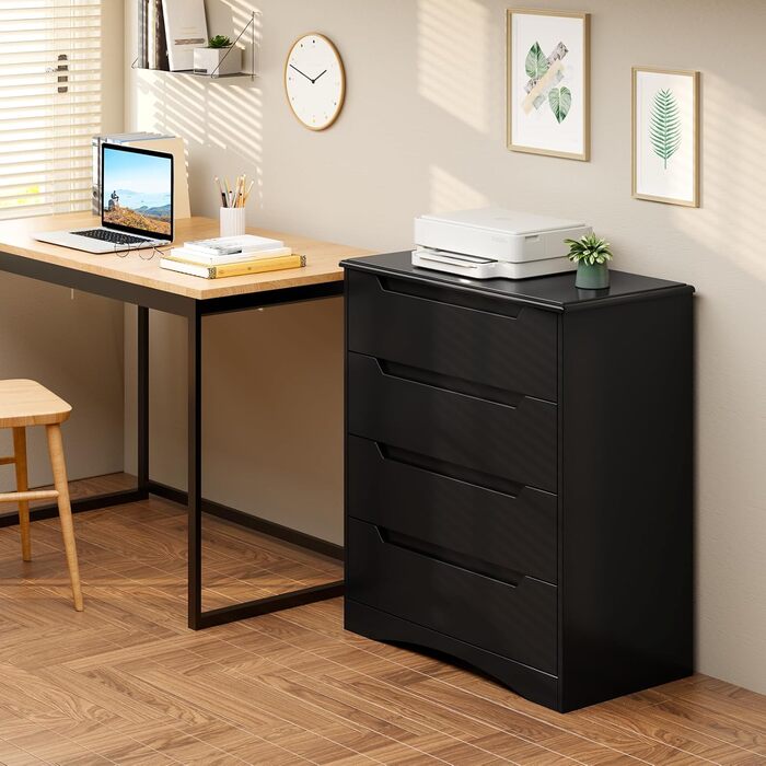 Комод Bealife для спальні: 4 місткі шухляди, витягнуті ручки, захист від перекидання, для вітальні/офісу (чорний)