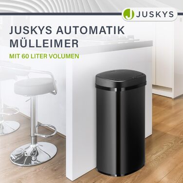 Сміттєвий бак Juskys для кухні з датчиком руху, 60 л, чорний, з кришкою-затискачем для пакетів, нержавіюча сталь, безконтактне відкривання