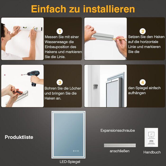 LED дзеркало для ванної кімнати з підсвічуванням 50x70 см, 3 кольори світла, регулювання яскравості, проти запотівання, сенсорне/кнопкове керування