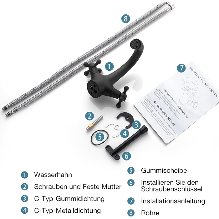 Чорний змішувач для ванної кімнати/умивальника з латуні, ретро стиль, 2-вентильний, G3/8