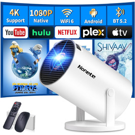 Beamer 4K: Міні проєктор Full HD 1080P з Wi-Fi 6, Bluetooth 5.2 та Android. Підтримка PC/HDMI/USB, авто-корекція Keystone, поворот 270°, з пультом та мишкою, білий.