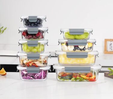 Набір контейнерів для зберігання продуктів Glas, 18 шт. (9 контейнерів, 9 кришок), безпечні для миття в посудомийній машині, мікрохвильовій печі та морозильній камері, з герметичним закриттям, без BPA, сірого кольору