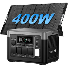 Портативна електростанція 1024Wh LiFePO4, сонячний генератор з 4 роз'ємами AC 1800W (3600W пік), 100W USB-C, швидка зарядка, UPS, для кемпінгу, RV, надзвичайних ситуацій (P1000E PLUS+PV400 сонячна панель)