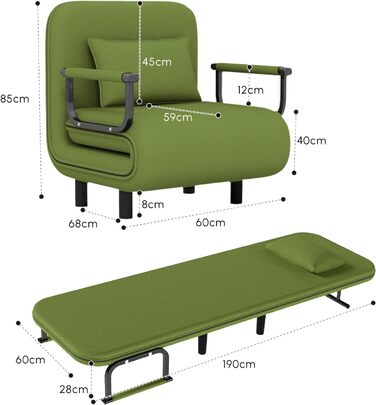 Крісло-ліжко Fabulcozy для дорослих, 4-в-1, сіре (зелене), 60x68x85 см. З металевим каркасом, з подушкою та підлокітниками. Великий комфорт.