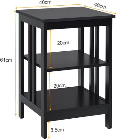 Приліжкова тумбочка COSTWAY 3 яруси, приставний столик тумбочка, журнальний столик журнальний столик для спальні, вітальні 40x40x61см (чорний, 2 упаковки II у формі)