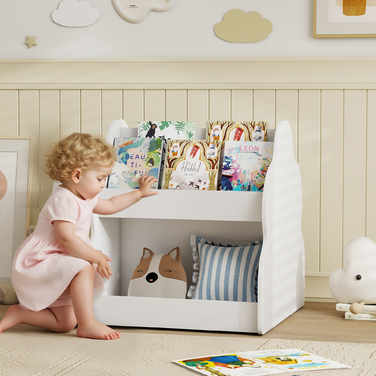 Дитяча полиця AIYAPLAY, 2-ярусна полиця для дитячих книжок на коліщатках, з 4 полицями, для дитячої кімнати, ігрової кімнати, 54x50x56 см, білий