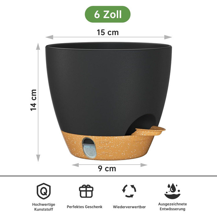 Набір горщиків для квітів ZMTECH 25 см з підставкою, пластикові пересаджувальні горщики з автополивом, кашпо з індикатором рівня води для дому/саду (2 шт., чорний)
