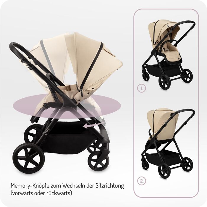 Дитяча коляска MoMi GISELLE 2 в 1 комбінована, бежева: для малюків від народження до 22 кг, з 5-точковим ременем безпеки, збірно-розкладна, з кошиком, матрацом, дощовиком та пеленатором