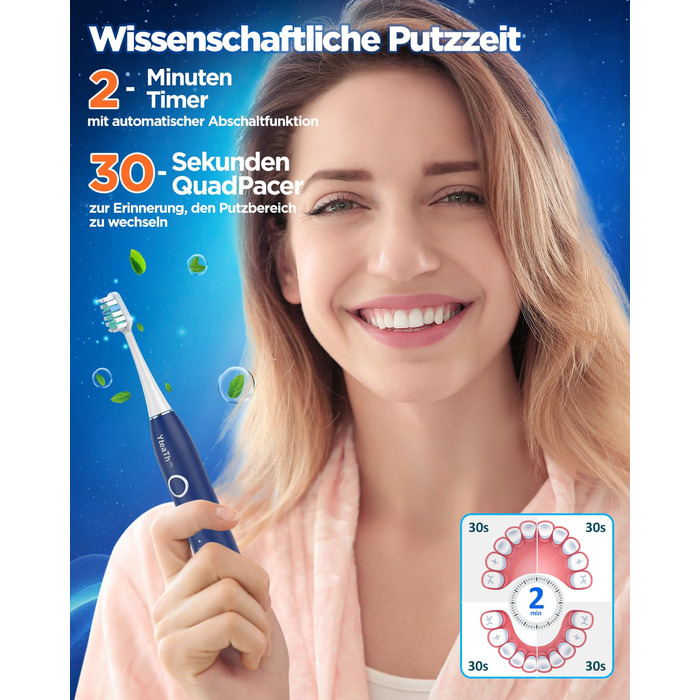Електрична зубна щітка зі звуковими вібраціями, 8 насадок (3 типи), таймер, 120 днів роботи від акумулятора, 5 режимів чищення, чохол для подорожей, зарядний пристрій для стіни, синій колір