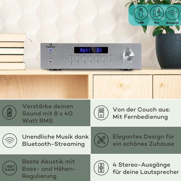 Міні-підсилювач Auna HiFi Stereo, 4-канальний, з керуванням низькими та високими частотами, з пультом дистанційного керування та входом AUX