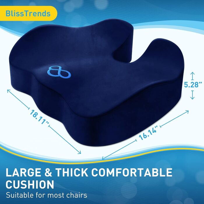 Подушка для сидіння BlissTrends з Memory Foam, 13.2 см товщиною, для офісного крісла, авто, літака, зняття болю в попереку, куприку, ішіасу, для тривалого сидіння, блакитна