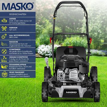 Бензиновий газонокосарка MASKO® 5in1 | Ширина косіння 51 см | 8 положень висоти | 4-тактний OHV двигун 6.0 PS | Об'єм кошика 65 л | В комплекті набір для мульчування та бічний викид (ширина 42 см, чорний/сірий)