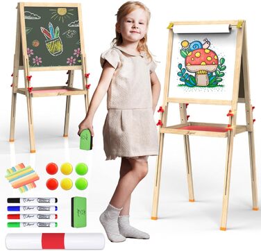 Мольберт для малювання Joyooss для дітей, регульований дерев'яний мольберт, двосторонній, сухий маркер, з аксесуарами для малювання, подарунок для дітей 4-8 років (РОЖЕВИЙ)