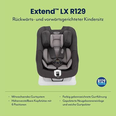 Автокрісло Graco Extend™ LX R129 Reboarder: від народження до 4 років (40-105 см), поворотне, збоку захист, чорний, Midnight Extend i-Size Single