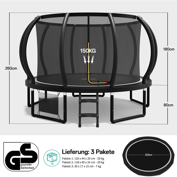 Батут садовий Flamaker Ø366см з захисною сіткою, сталевий каркас, до 150кг, для дітей та дорослих, чорний
