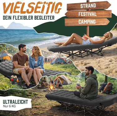 Складане розкладне ліжко ELONEO NEU для кемпінгу та подорожей з преміум-матрацом, витримує до 200 кг, з сумкою для перенесення, антрацит