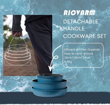 Набір каструль та сковорідок RIOVARM з індукційним дном та знімними ручками, з антипригарним покриттям (граніт), компактний, з силіконовими кришками, без PFOA