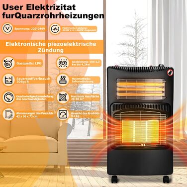 Газовий обігрівач для приміщень 4,2 КВт, інфрачервоний нагрівач, портативний, Plug and Play