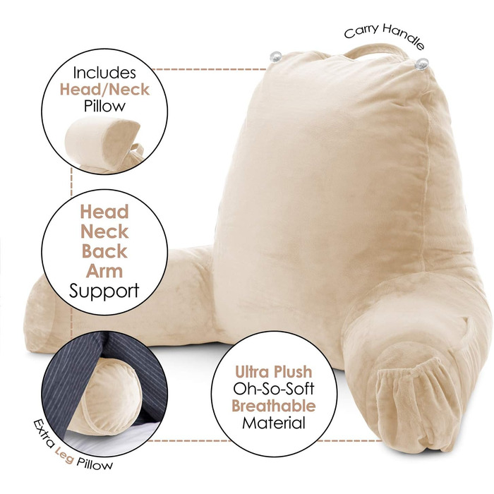 Подушка для читання Clara Clark з великою спинкою, з піною з пам'яті, для дорослих, з підлокітниками та кишенями (Велика, Бежево-кремовий)