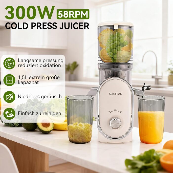 Електричний соковичавник SUSTEAS, 133 мм, повільний віджим, 300 Вт, 1.5 л, для цілих фруктів та овочів, легкий у чищенні, висока вихідність соку, білий