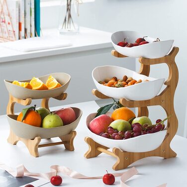Фруктовий 3 поверховий кошик етажерка з підставкою з натурального бамбука для фруктових тортів, цукерок, кухонна кошик для зберігання,робочий стіл