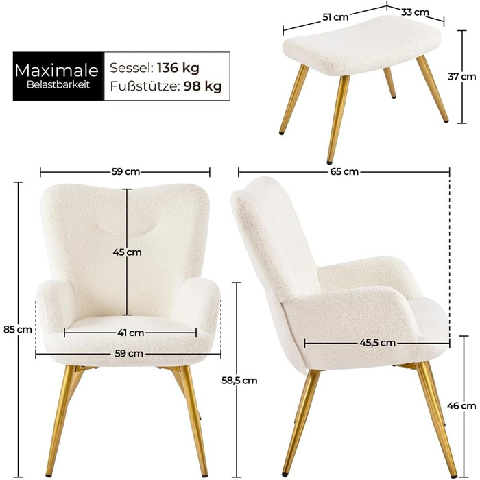 Крісло-навушник Yaheetech з пуфом з тканини Boucle, крісло для відпочинку з підставкою для ніг, розкладне крісло для вітальні/спальні, колір слонова кістка