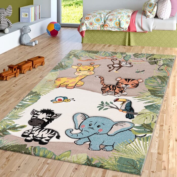 Домашній килим для дитячої кімнати зі зображенням тварин зоопарку в джунглях, Зебра, тигр, лев, мавпа, бежево-кремовий, Розмір140x200 см
